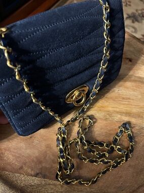 Bechamel Navy Quilted Suede Crossbody with Gold Chain